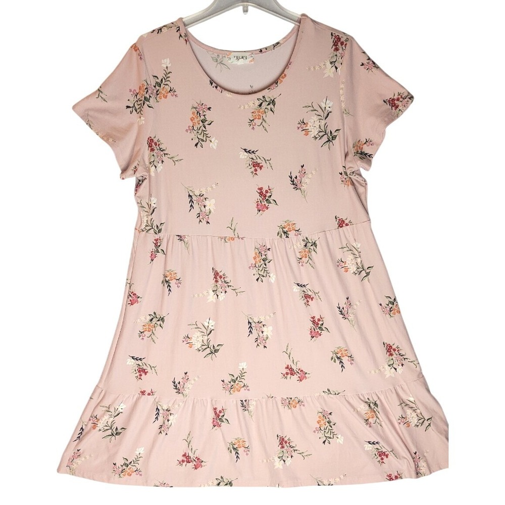 Pink Rose Women's‎ 0X Pink Floral Tiered Ruffle Dress Boho Summer Babydoll Chic